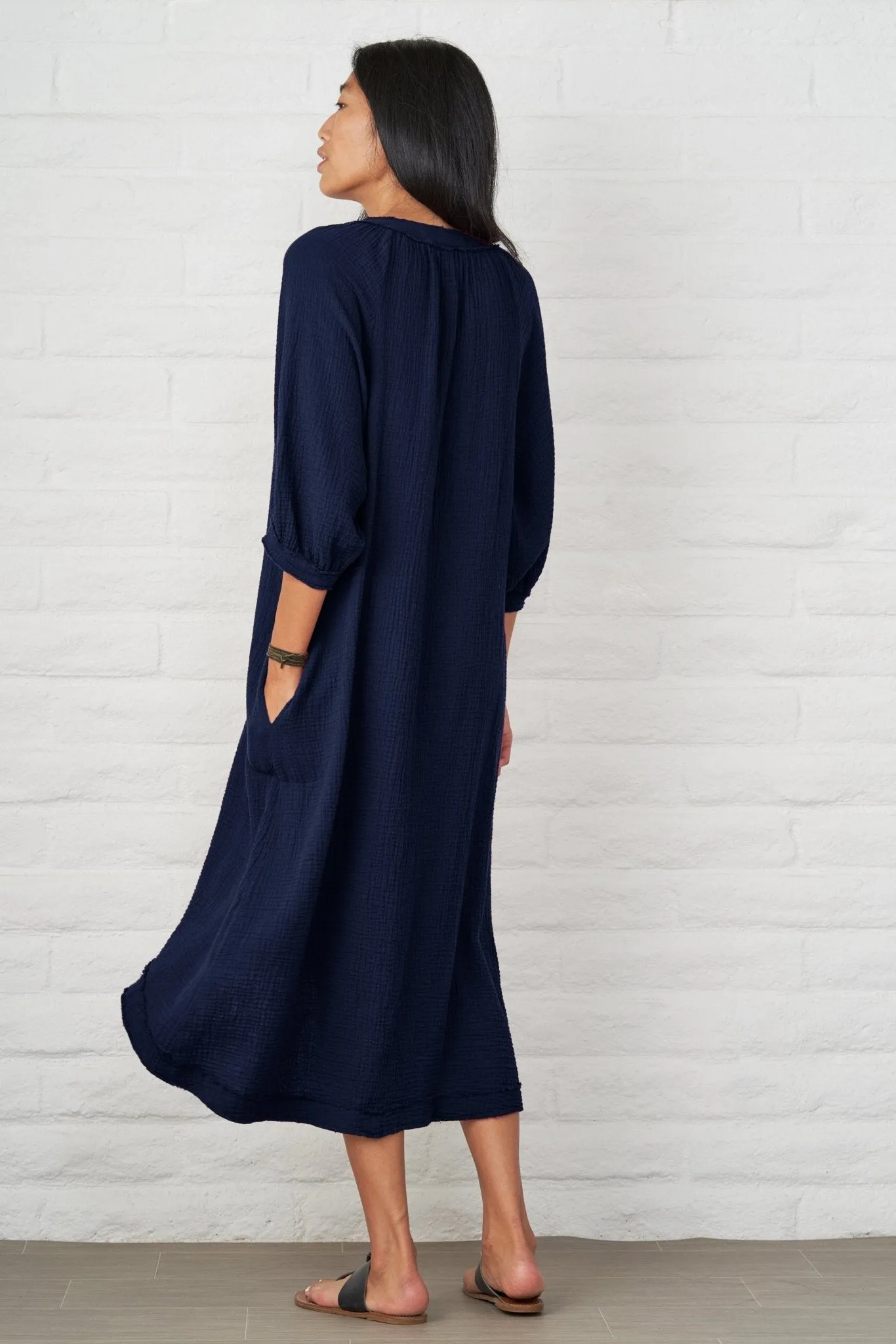 Navy Gauze Dress with Pockets