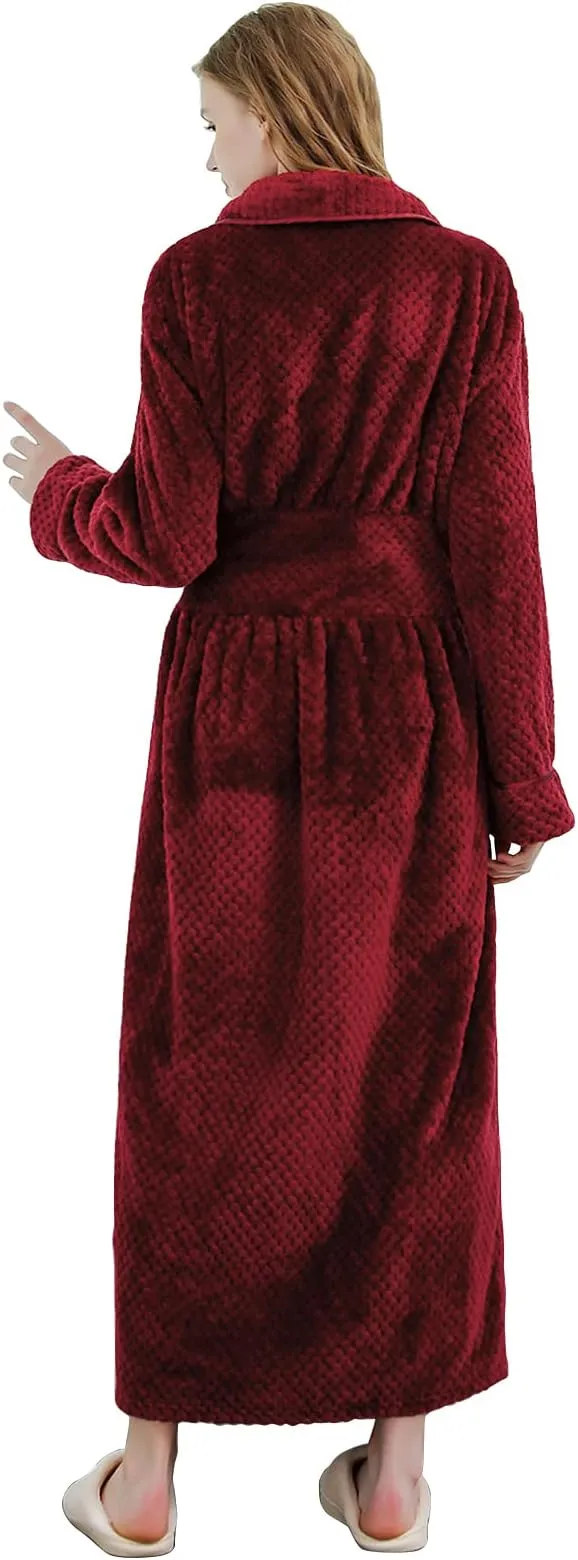 New Hellomamma Womens Long Robe Soft Fleece Fluffy Plush Bathrobe in Burgundy Sz L/XL