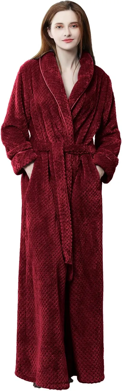 New Hellomamma Womens Long Robe Soft Fleece Fluffy Plush Bathrobe in Burgundy Sz L/XL