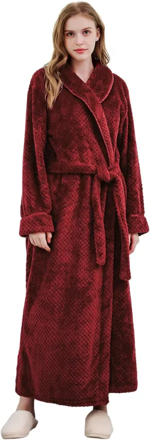 New Hellomamma Womens Long Robe Soft Fleece Fluffy Plush Bathrobe in Burgundy Sz L/XL