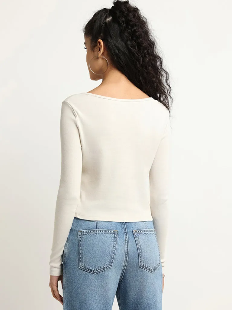 Nuon Off-White Ribbed Cotton-Blend Crop Top