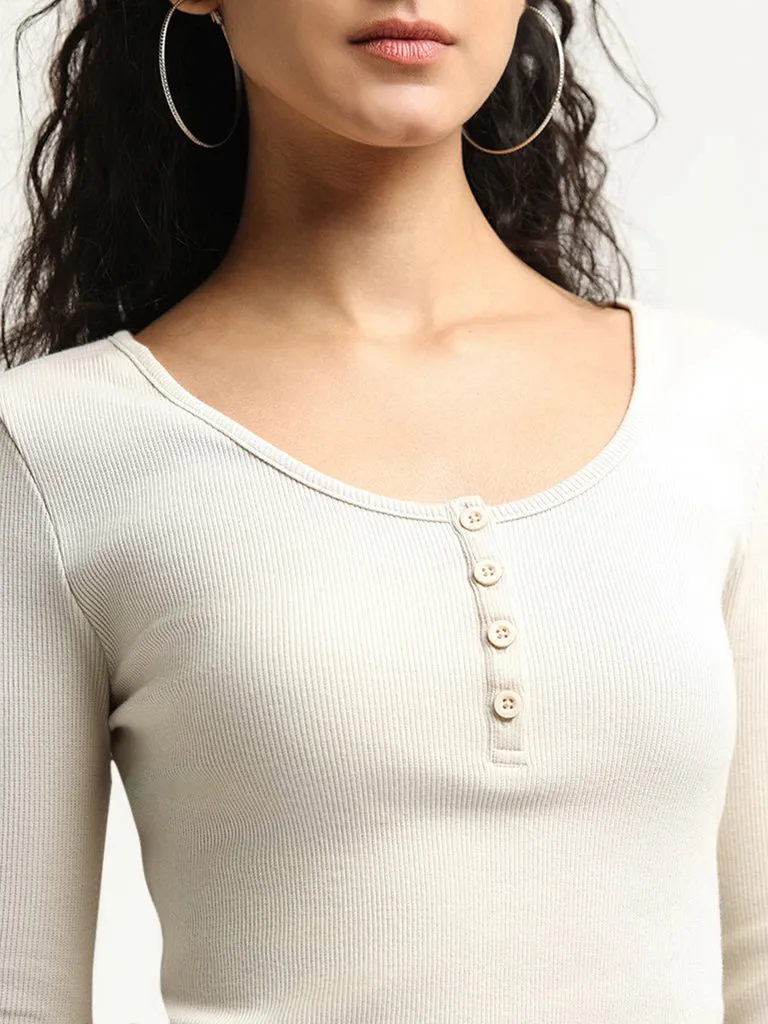 Nuon Off-White Ribbed Cotton-Blend Crop Top