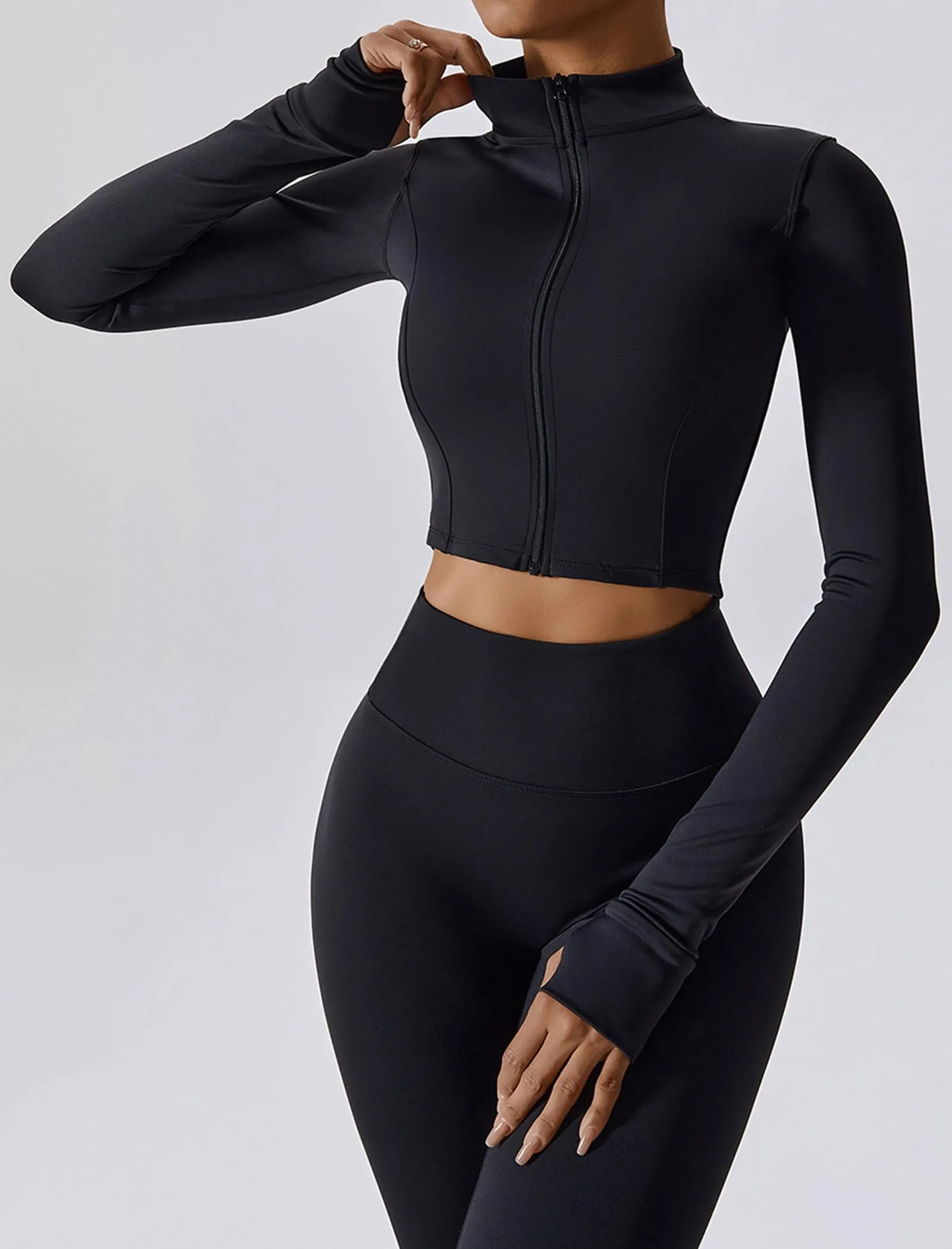 OMEWEE Workout Outfits for Women 3 Piece Long Sleeve Zip Up Cropped Jacket, Sports Bra and Tummy Control Leggings Black