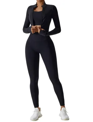 OMEWEE Workout Outfits for Women 3 Piece Long Sleeve Zip Up Cropped Jacket, Sports Bra and Tummy Control Leggings Black