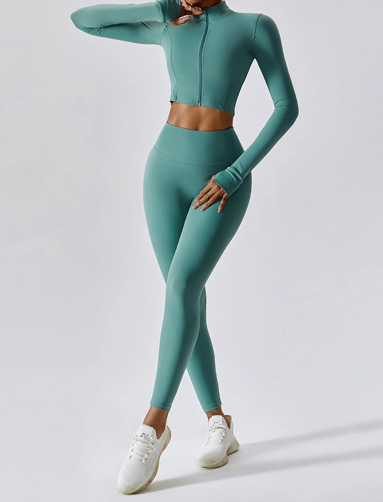 OMEWEE Workout Outfits for Women 3 Piece Long Sleeve Zip Up Cropped Jacket, Sports Bra and Tummy Control Leggings Green