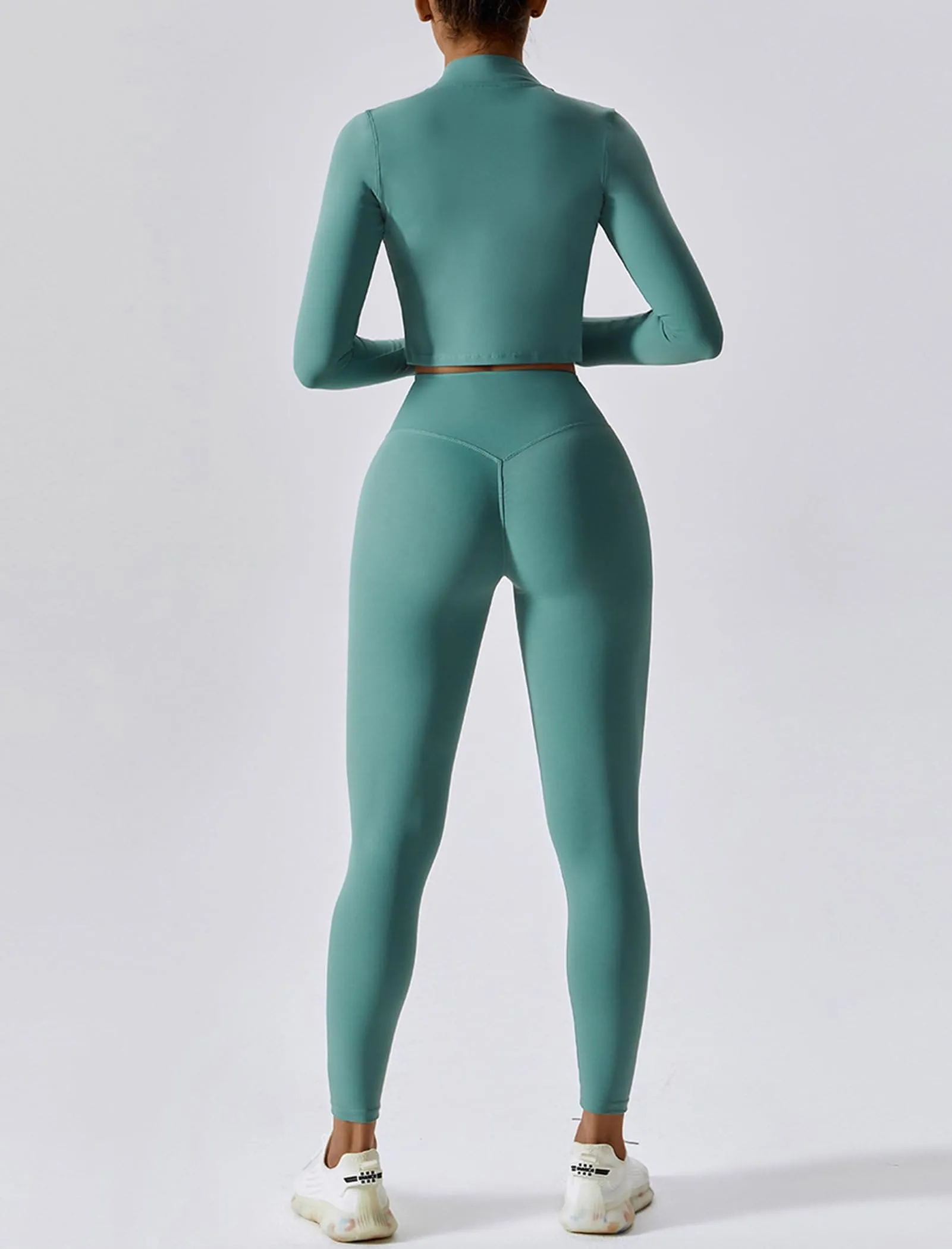 OMEWEE Workout Outfits for Women 3 Piece Long Sleeve Zip Up Cropped Jacket, Sports Bra and Tummy Control Leggings Green