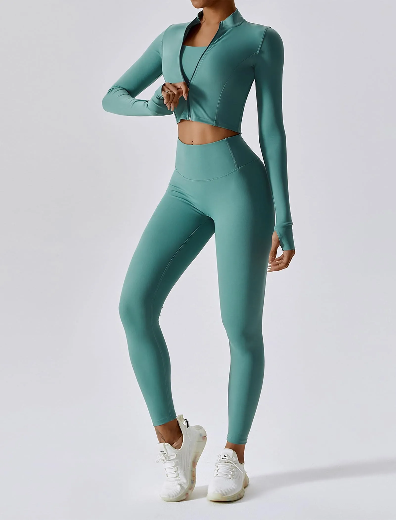 OMEWEE Workout Outfits for Women 3 Piece Long Sleeve Zip Up Cropped Jacket, Sports Bra and Tummy Control Leggings Green