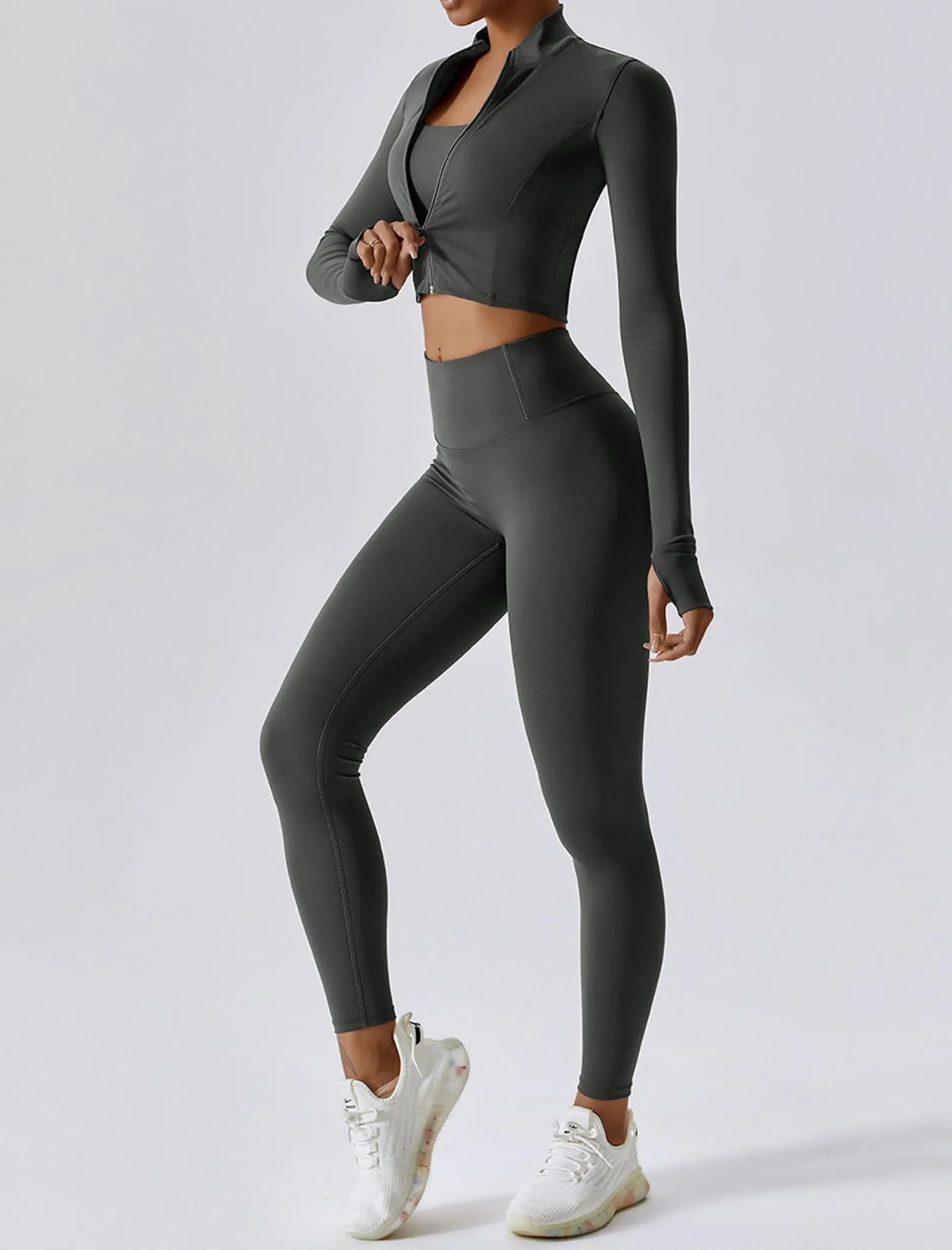 OMEWEE Workout Outfits for Women 3 Piece Long Sleeve Zip Up Cropped Jacket, Sports Bra and Tummy Control Leggings Grey