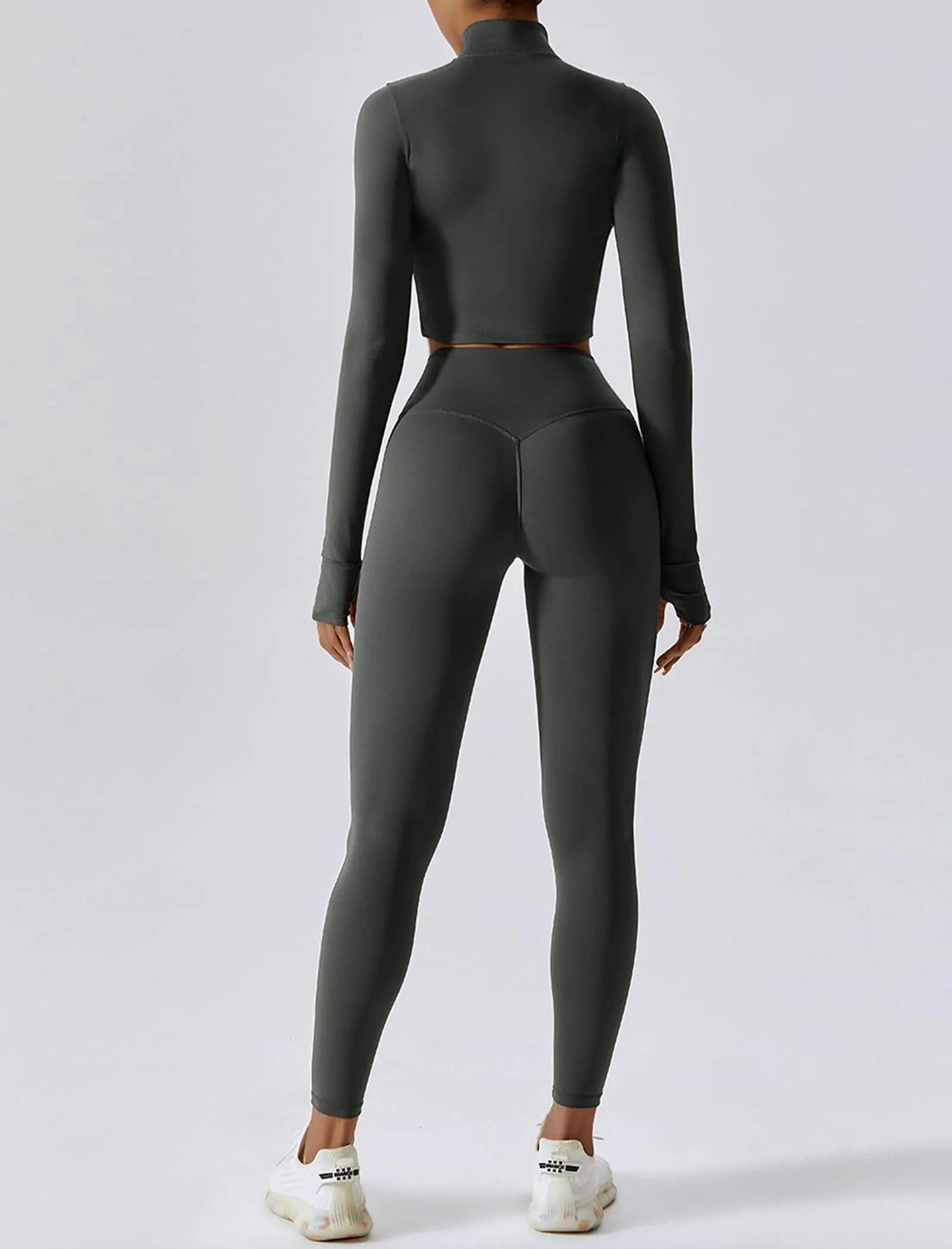 OMEWEE Workout Outfits for Women 3 Piece Long Sleeve Zip Up Cropped Jacket, Sports Bra and Tummy Control Leggings Grey