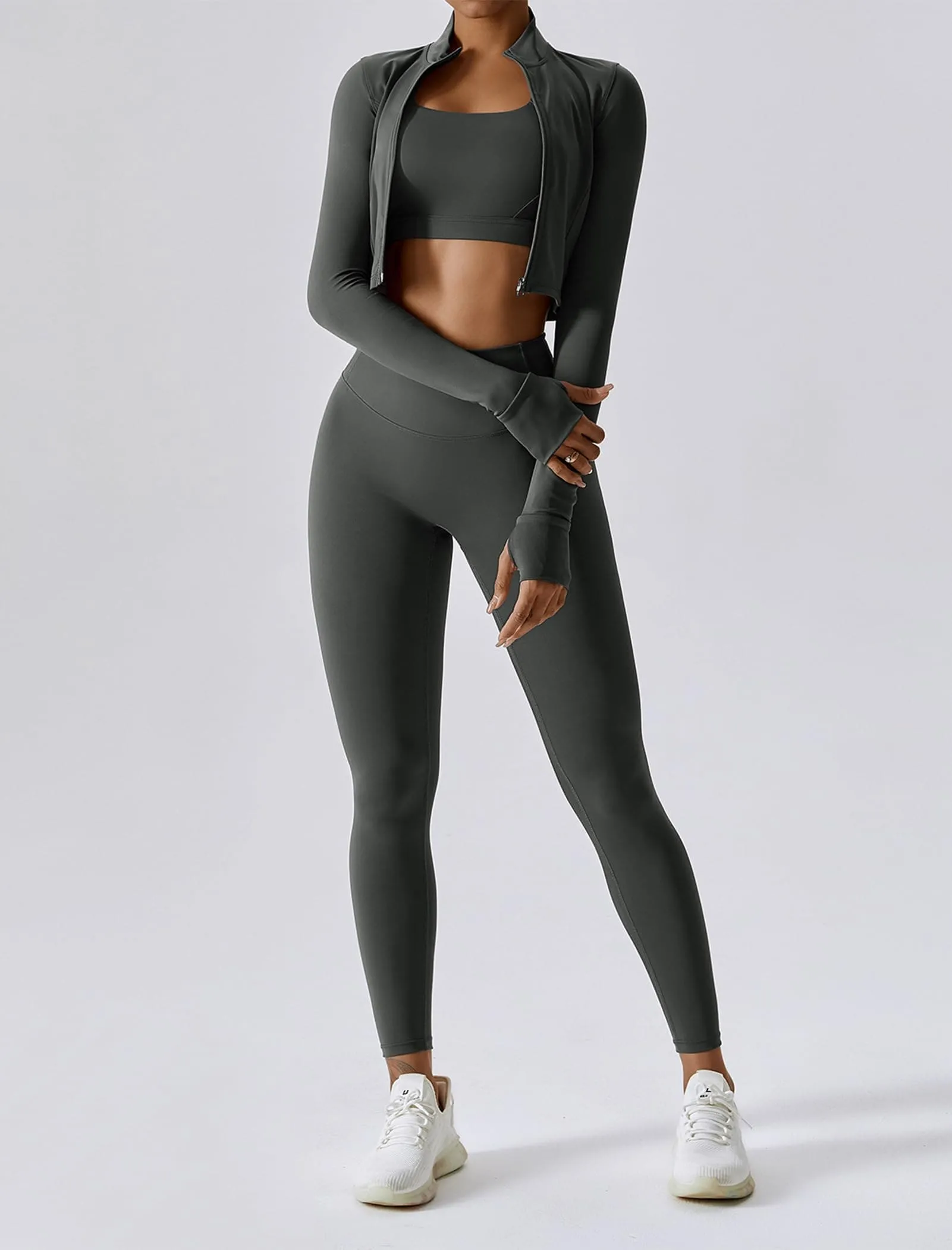 OMEWEE Workout Outfits for Women 3 Piece Long Sleeve Zip Up Cropped Jacket, Sports Bra and Tummy Control Leggings Grey