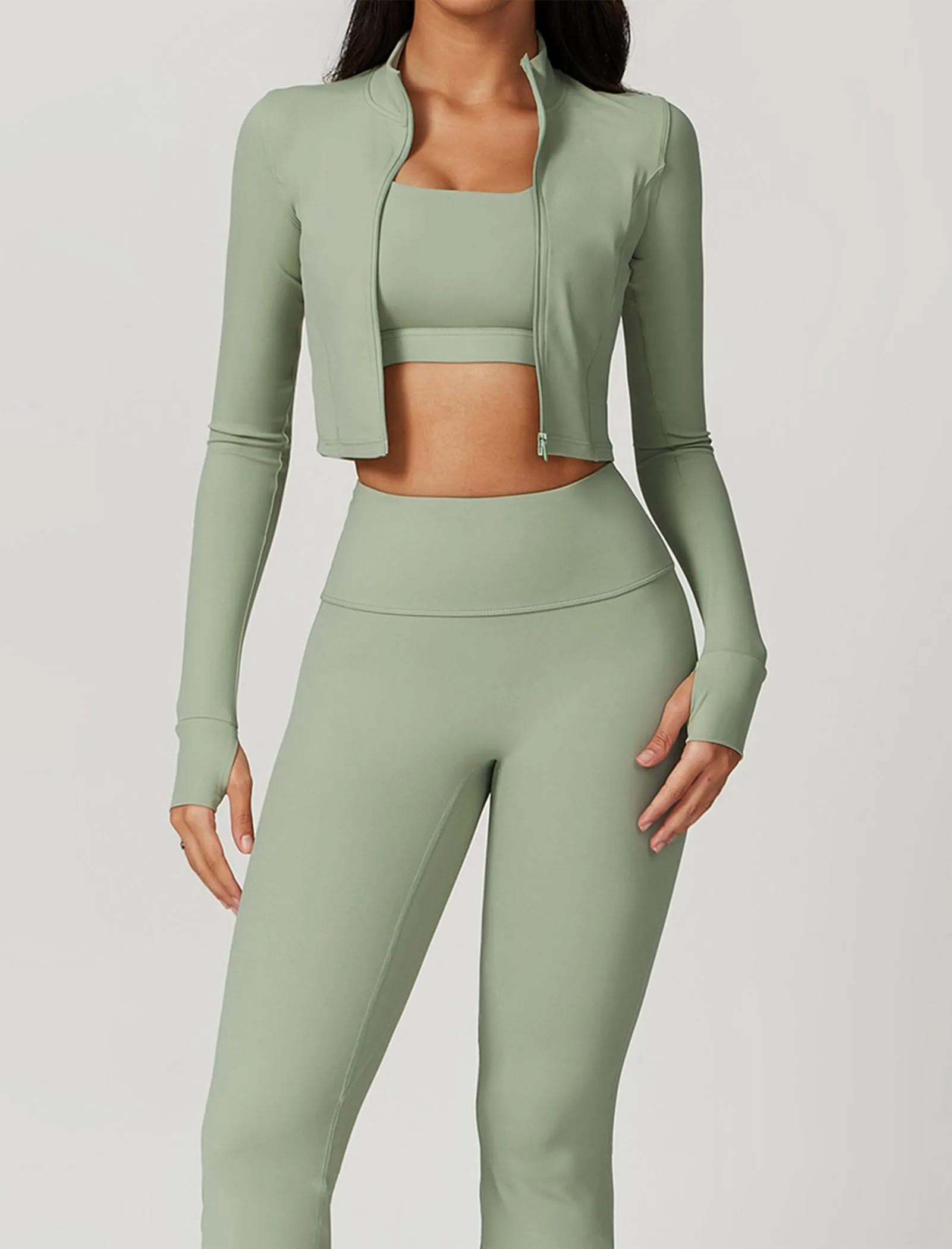 OMEWEE Workout Outfits for Women 3 Piece Long Sleeve Zip Up Cropped Jacket, Sports Bra and Tummy Control Leggings Light green