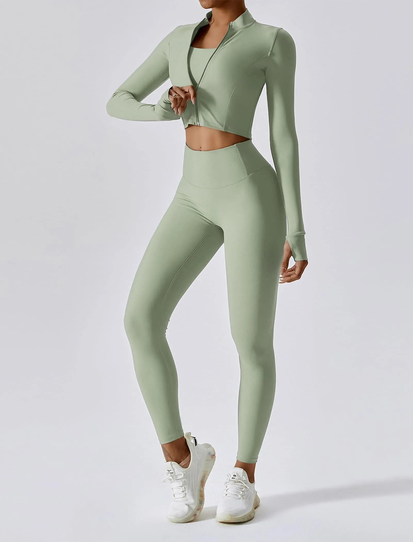 OMEWEE Workout Outfits for Women 3 Piece Long Sleeve Zip Up Cropped Jacket, Sports Bra and Tummy Control Leggings Light green