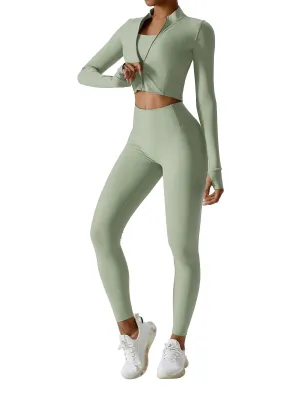 OMEWEE Workout Outfits for Women 3 Piece Long Sleeve Zip Up Cropped Jacket, Sports Bra and Tummy Control Leggings Light green