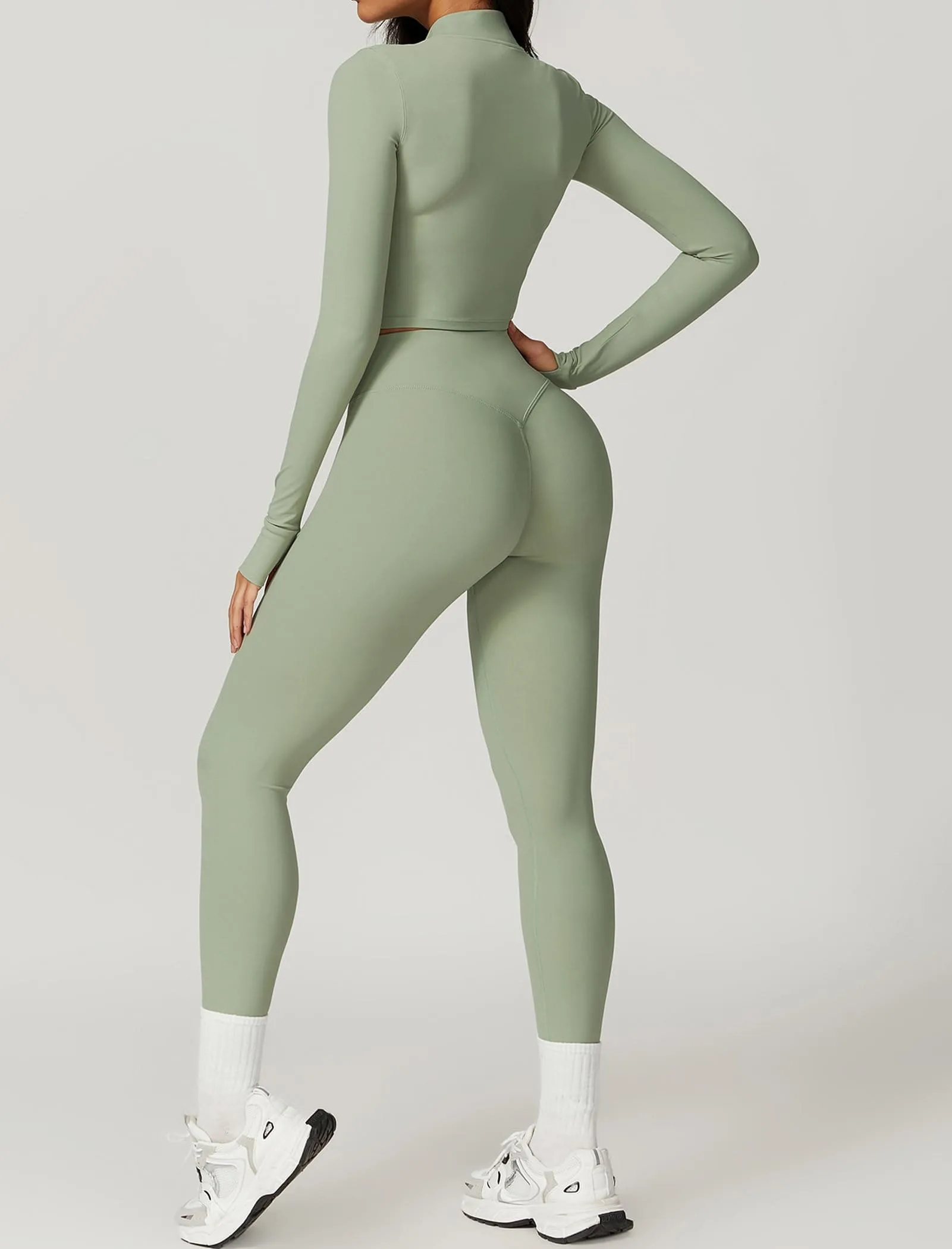 OMEWEE Workout Outfits for Women 3 Piece Long Sleeve Zip Up Cropped Jacket, Sports Bra and Tummy Control Leggings Light green