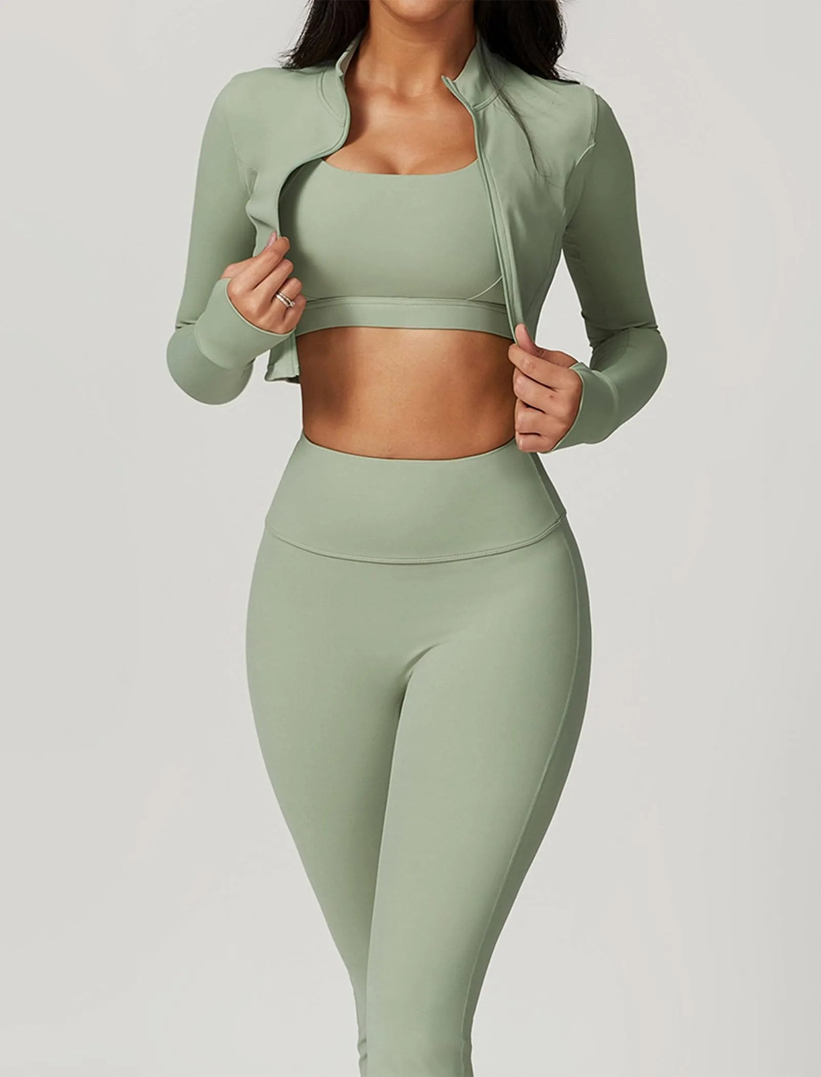 OMEWEE Workout Outfits for Women 3 Piece Long Sleeve Zip Up Cropped Jacket, Sports Bra and Tummy Control Leggings Light green