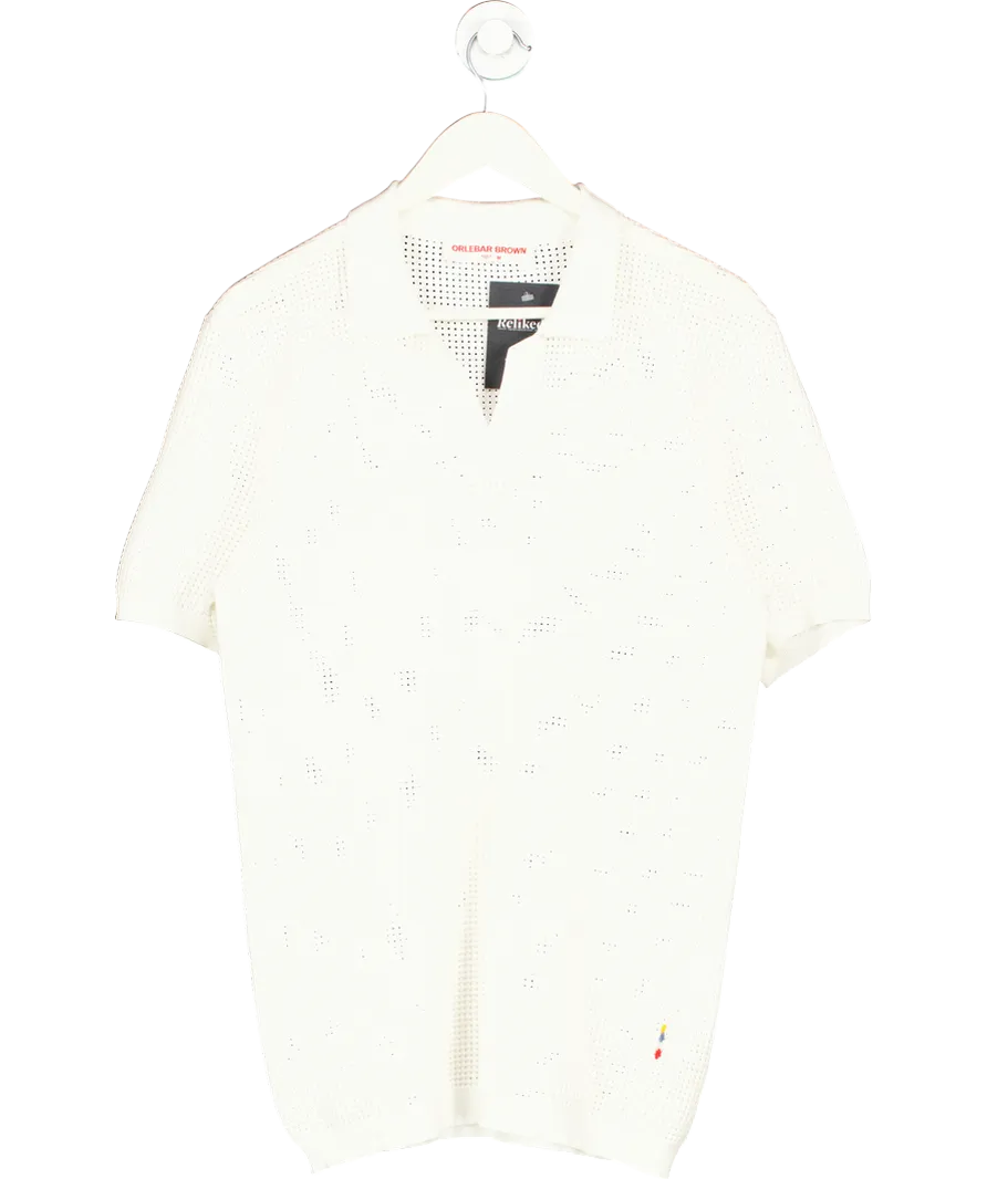 Orlebar Brown White Roddy Slim Fit Camp Collar Pointelle Knit Polo Shirt UK M