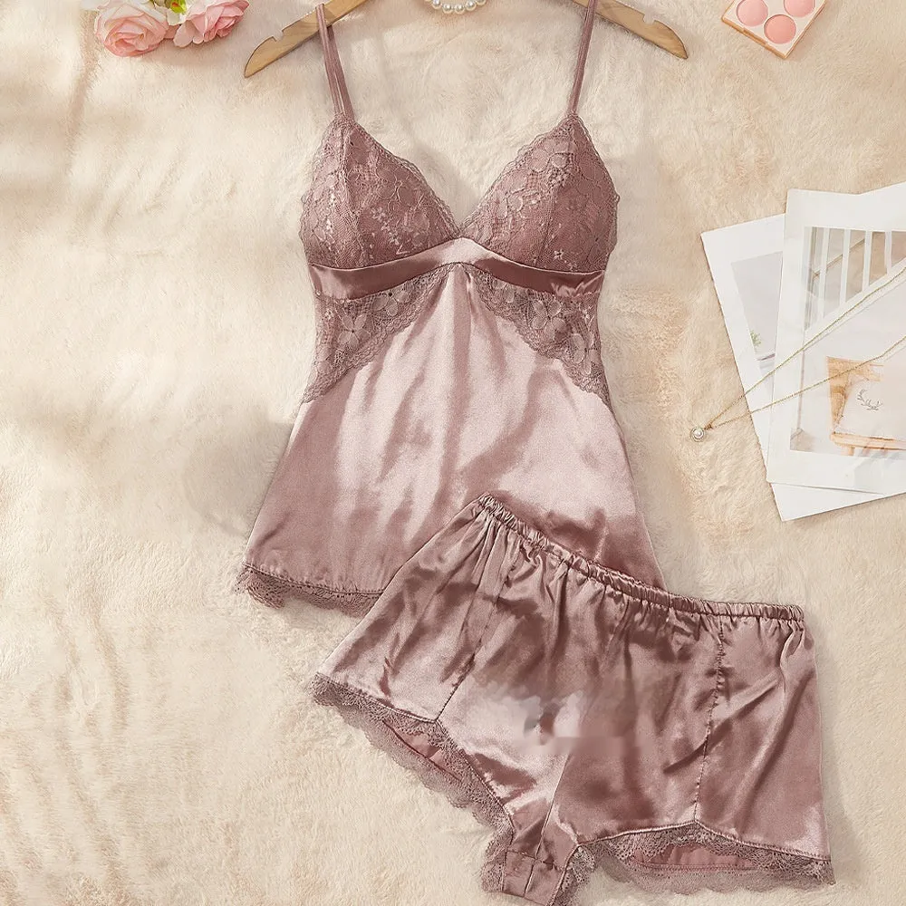 Pajamas Lace Thin Artificial Silk Camisole Suit Women