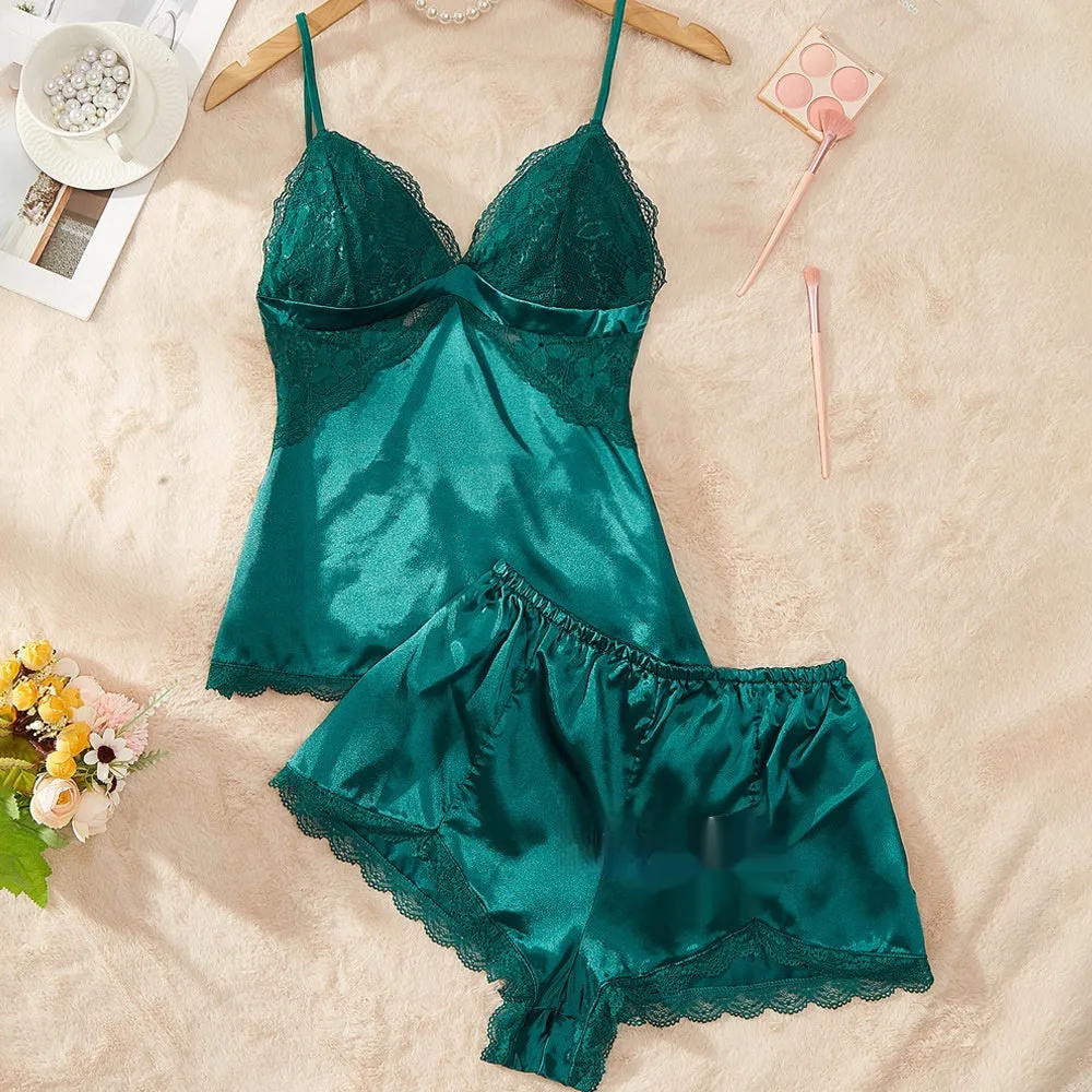 Pajamas Lace Thin Artificial Silk Camisole Suit Women
