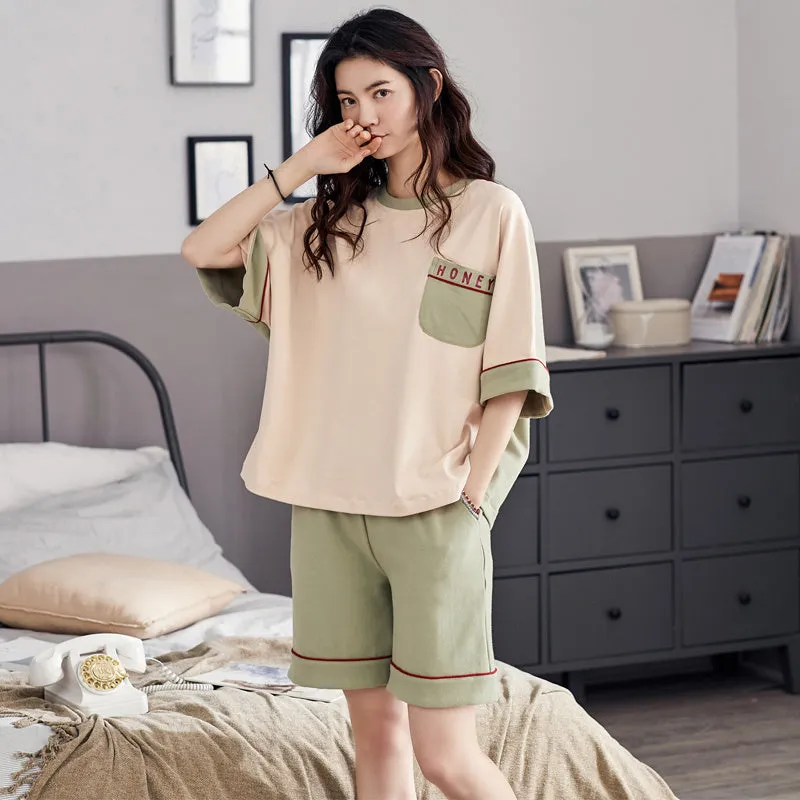 Pajamas Women Summer Pure Cotton Short-sleeved Shorts Round Neck Pullover