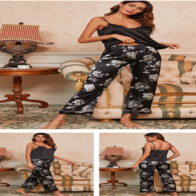Pajamas Women's Simulation Silk Wide Leg Pants Casual Home Wear