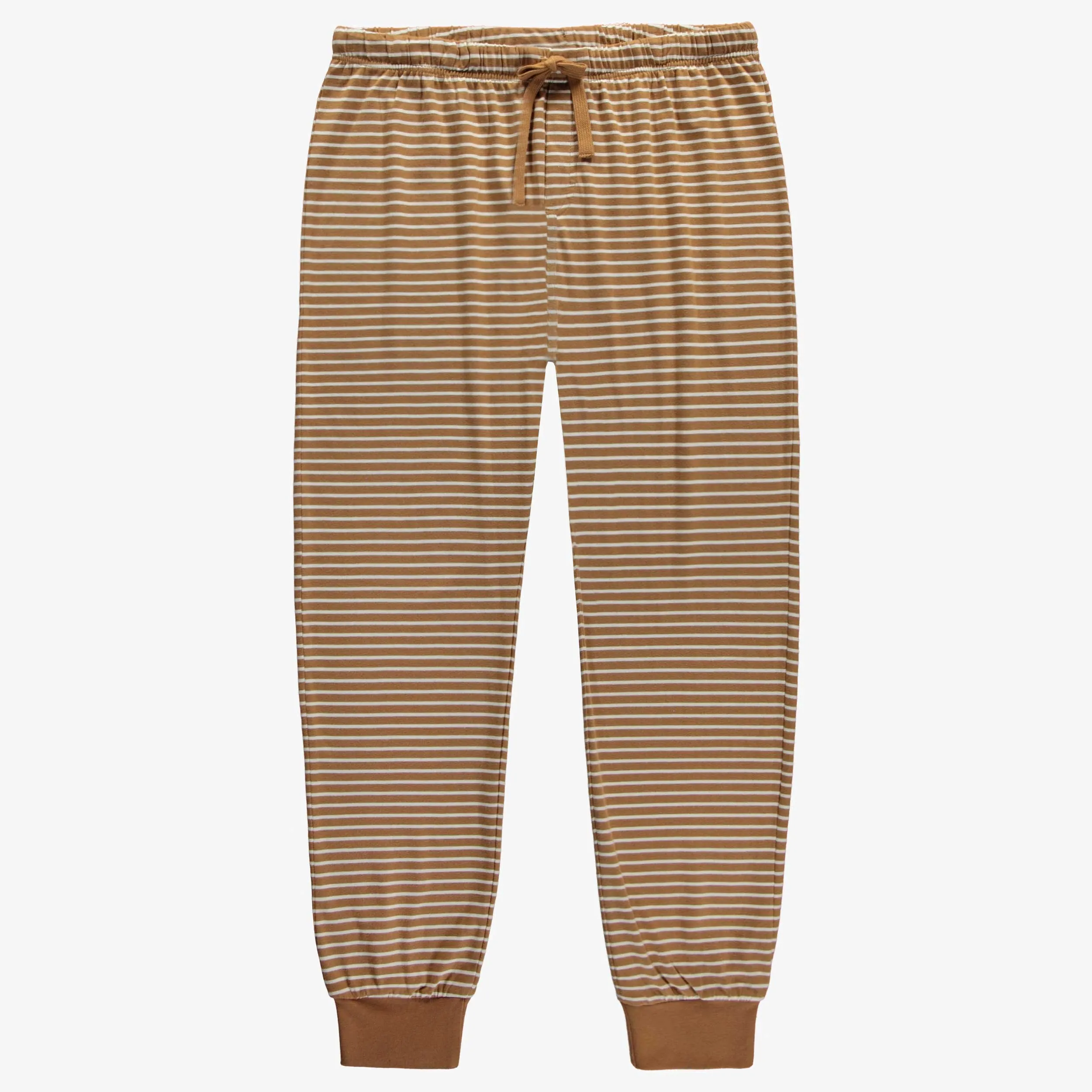Pantalon de pyjama brun et crème à rayures en jersey extensible, adulte || Cream and brown striped pajama pants in stretch jersey, adult
