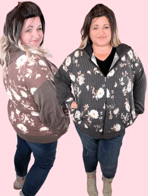 PHC- Ramona Ribbed Full Zip Hoodie in Neutral Florals
