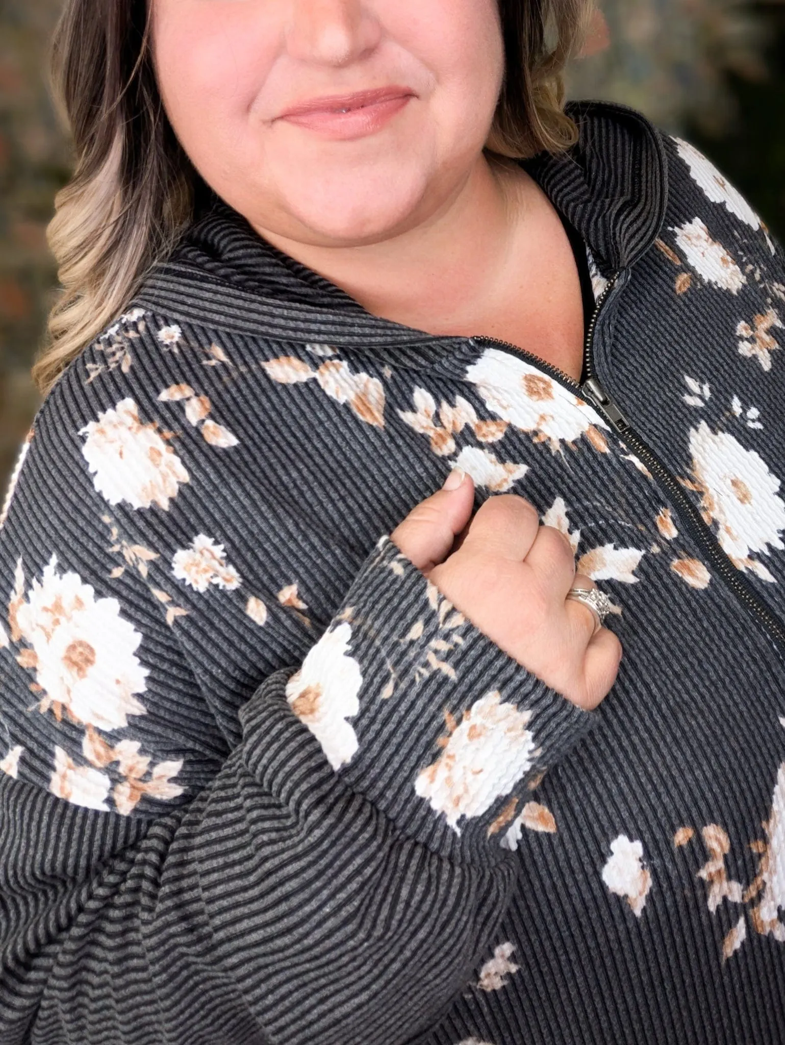 PHC- Ramona Ribbed Full Zip Hoodie in Neutral Florals