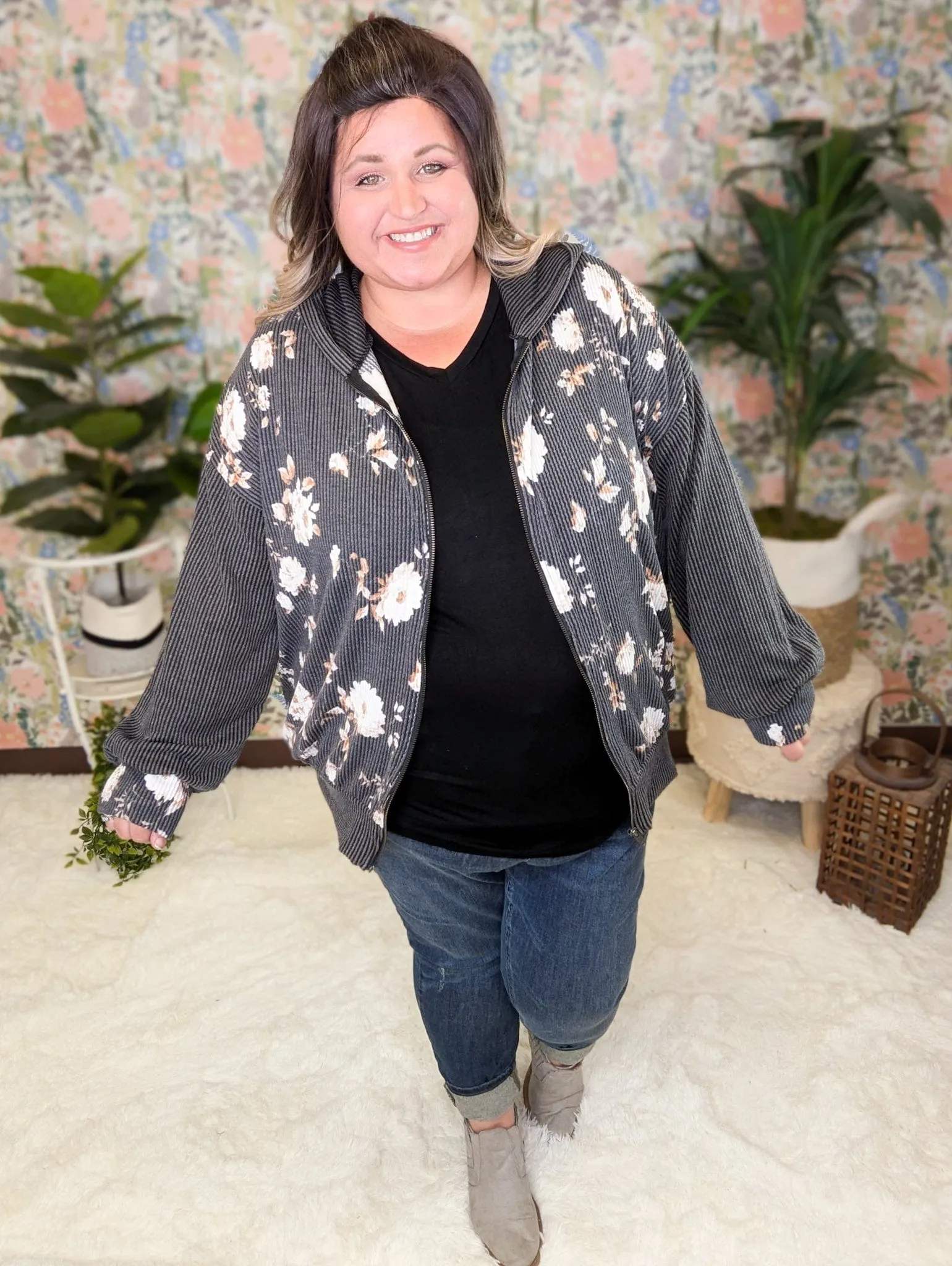 PHC- Ramona Ribbed Full Zip Hoodie in Neutral Florals