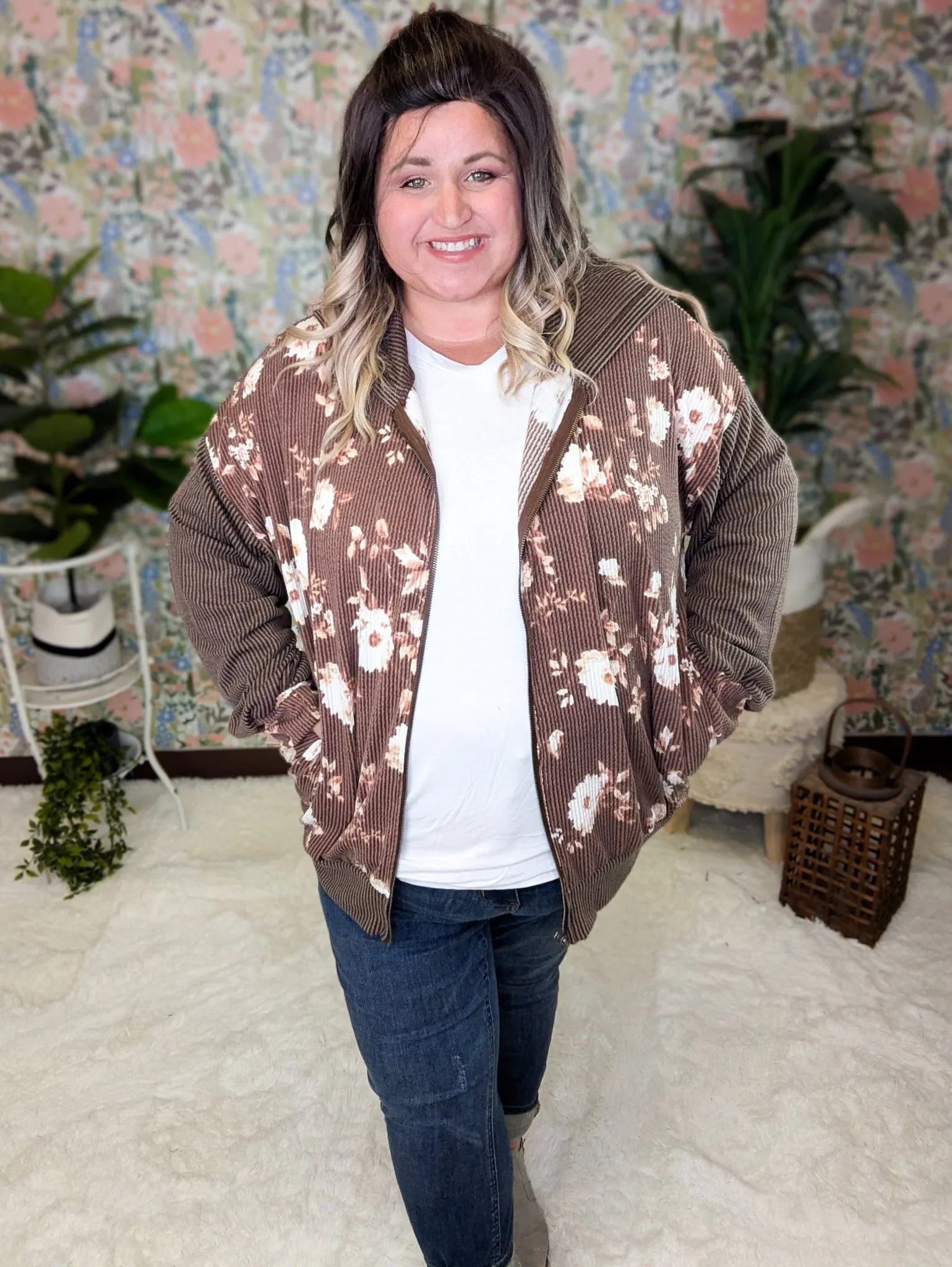 PHC- Ramona Ribbed Full Zip Hoodie in Neutral Florals