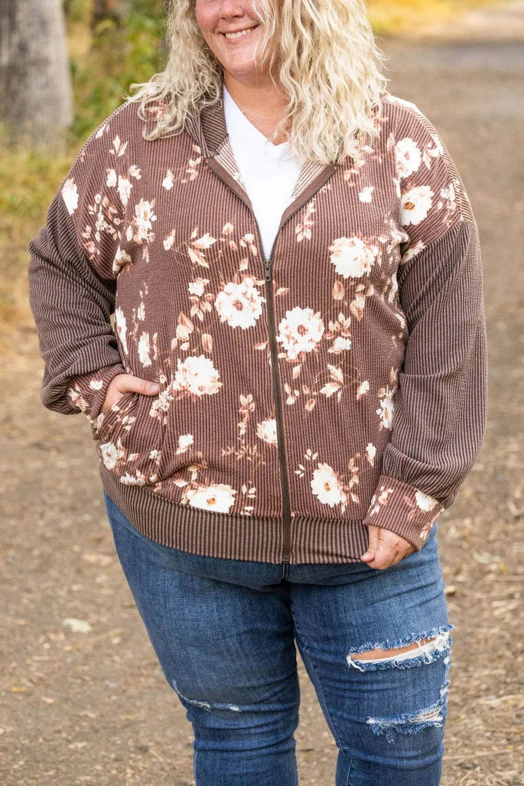 PHC- Ramona Ribbed Full Zip Hoodie in Neutral Florals
