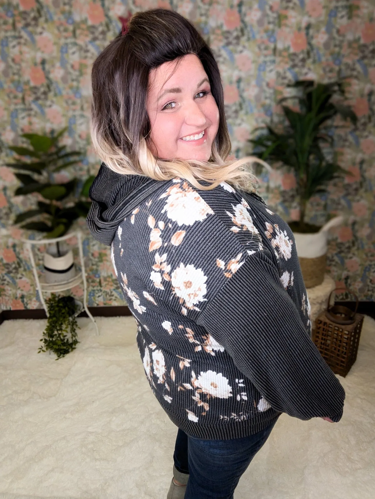 PHC- Ramona Ribbed Full Zip Hoodie in Neutral Florals