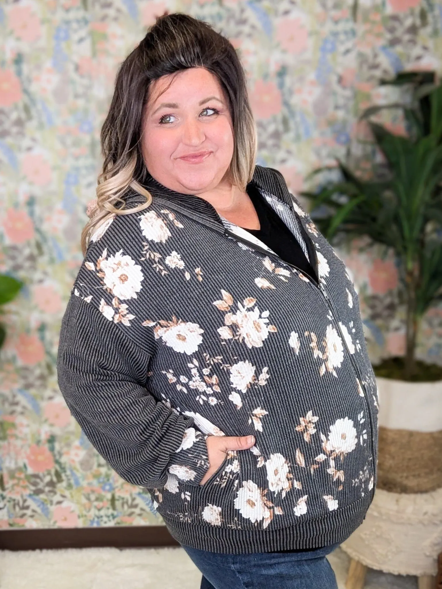 PHC- Ramona Ribbed Full Zip Hoodie in Neutral Florals