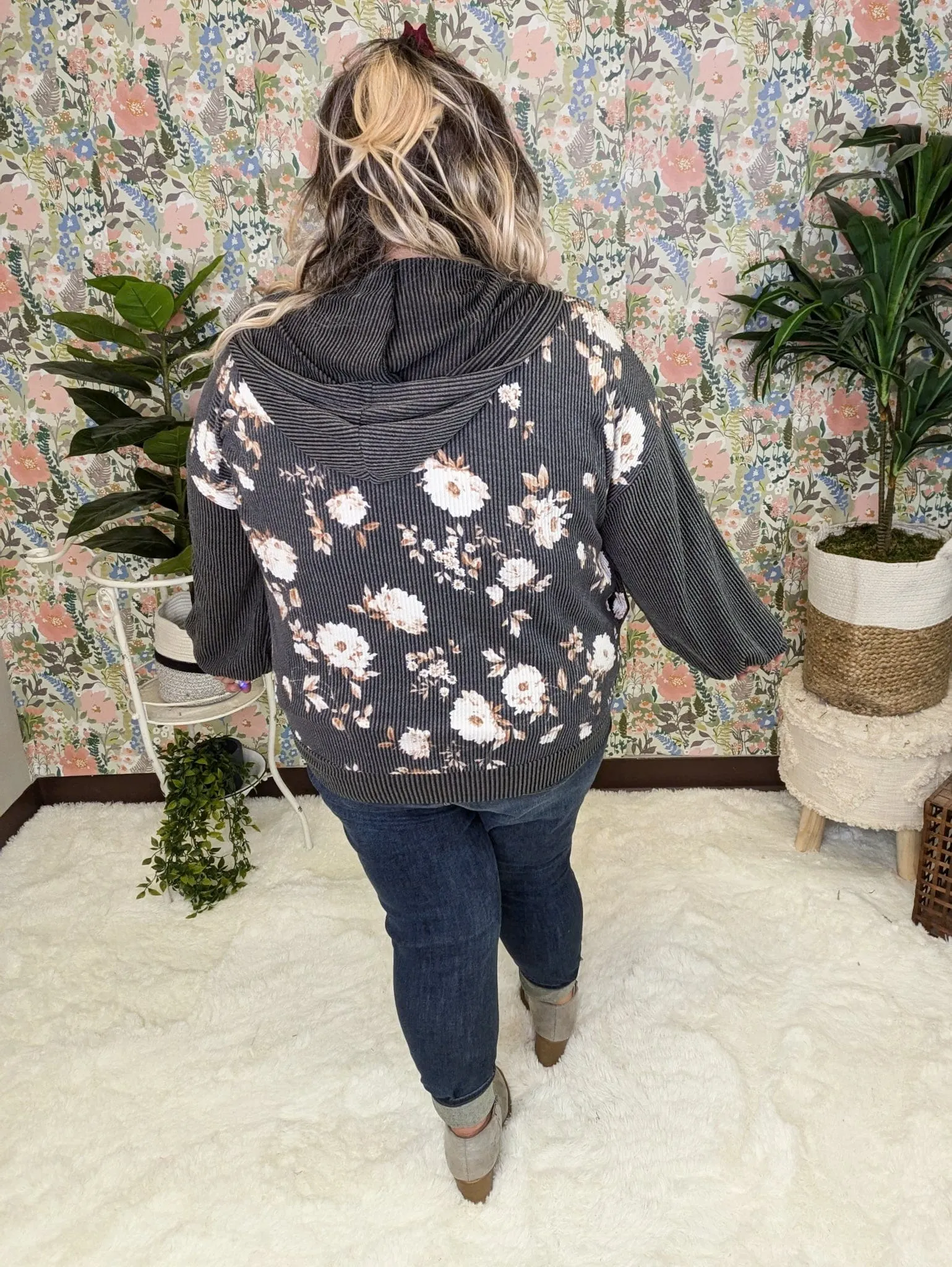 PHC- Ramona Ribbed Full Zip Hoodie in Neutral Florals