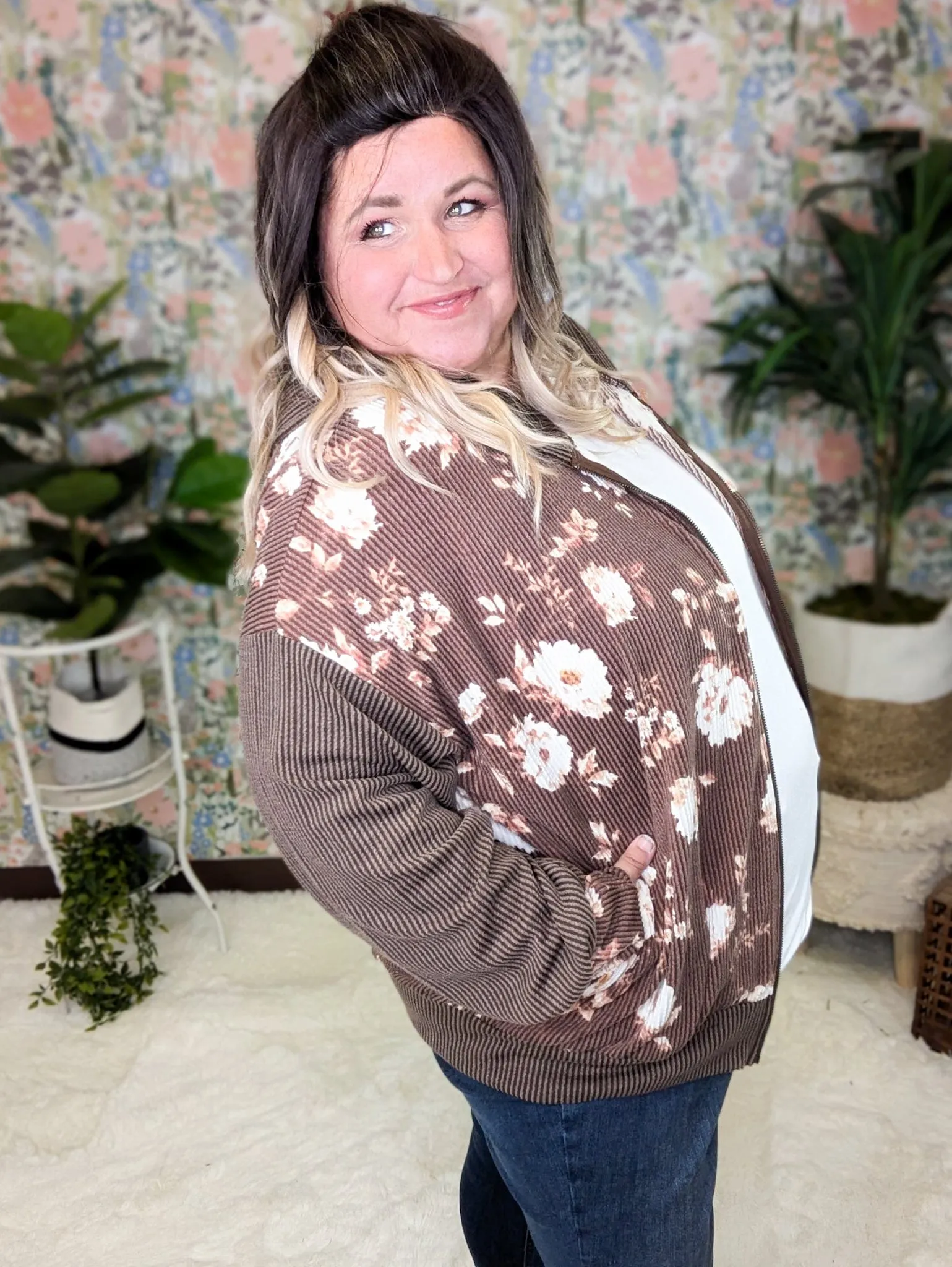 PHC- Ramona Ribbed Full Zip Hoodie in Neutral Florals