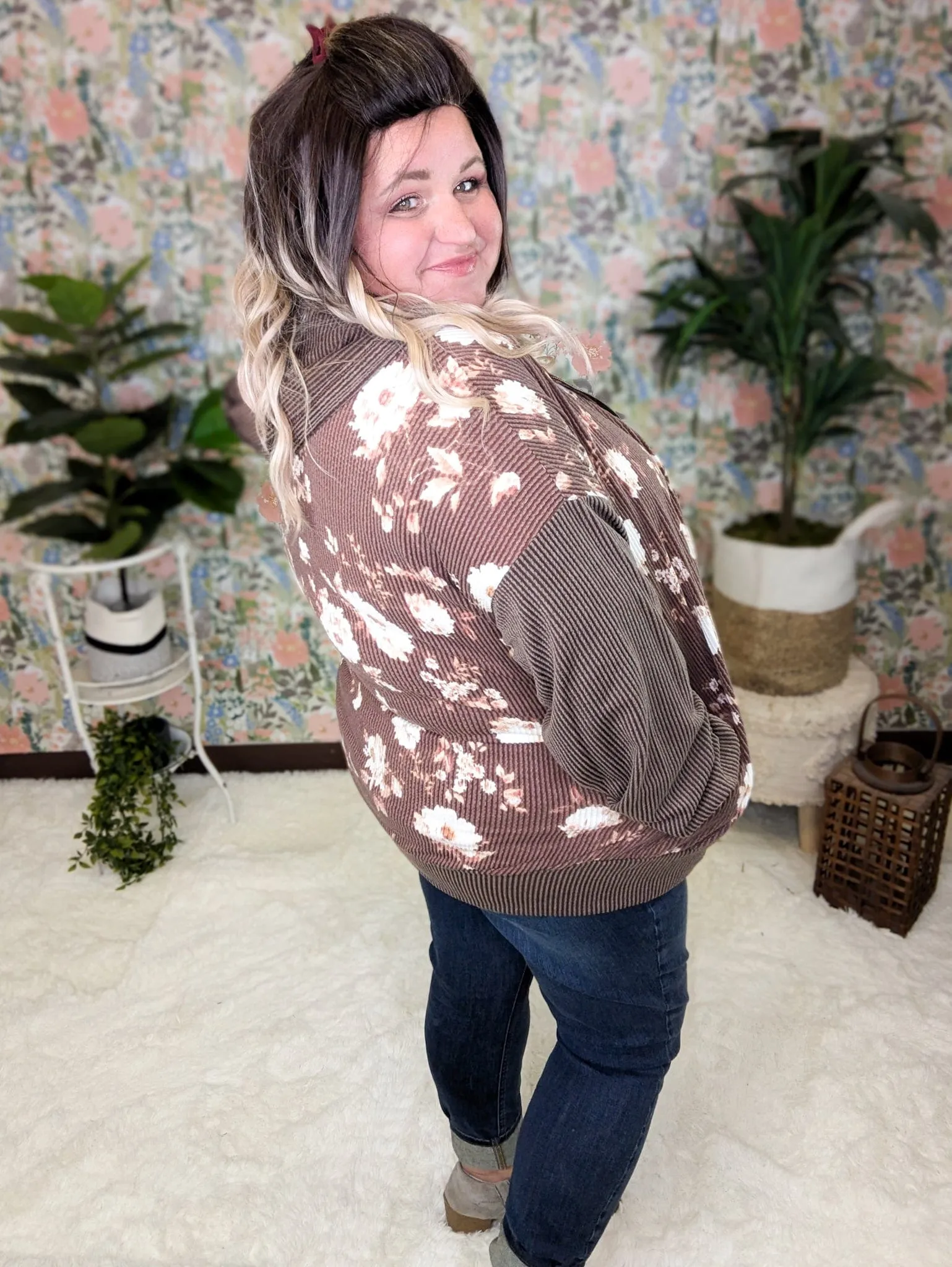 PHC- Ramona Ribbed Full Zip Hoodie in Neutral Florals