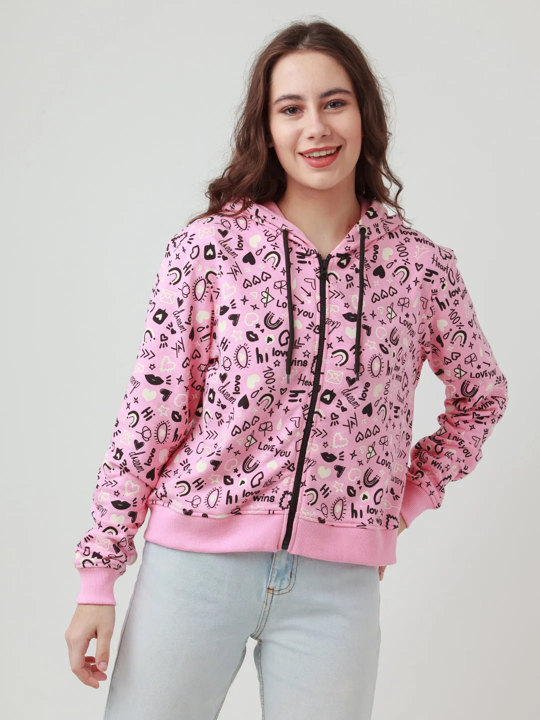 Pink Printed Hoodie Sweatshirt