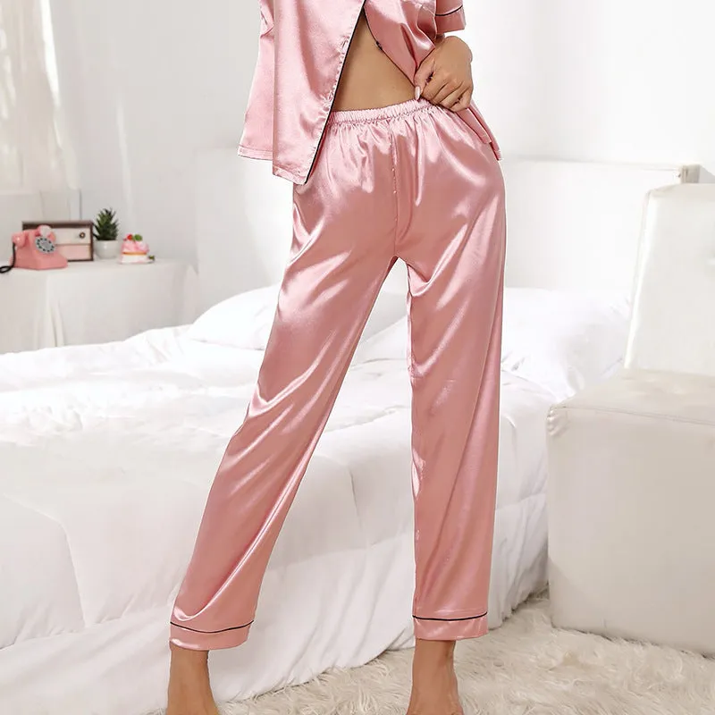 Pink Short-sleeved Pajamas Women's Two-piece Trousers Button Suit Ice Silk Home Service