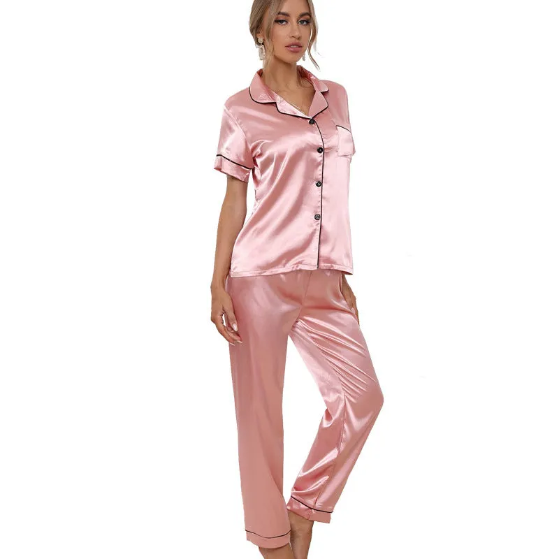 Pink Short-sleeved Pajamas Women's Two-piece Trousers Button Suit Ice Silk Home Service