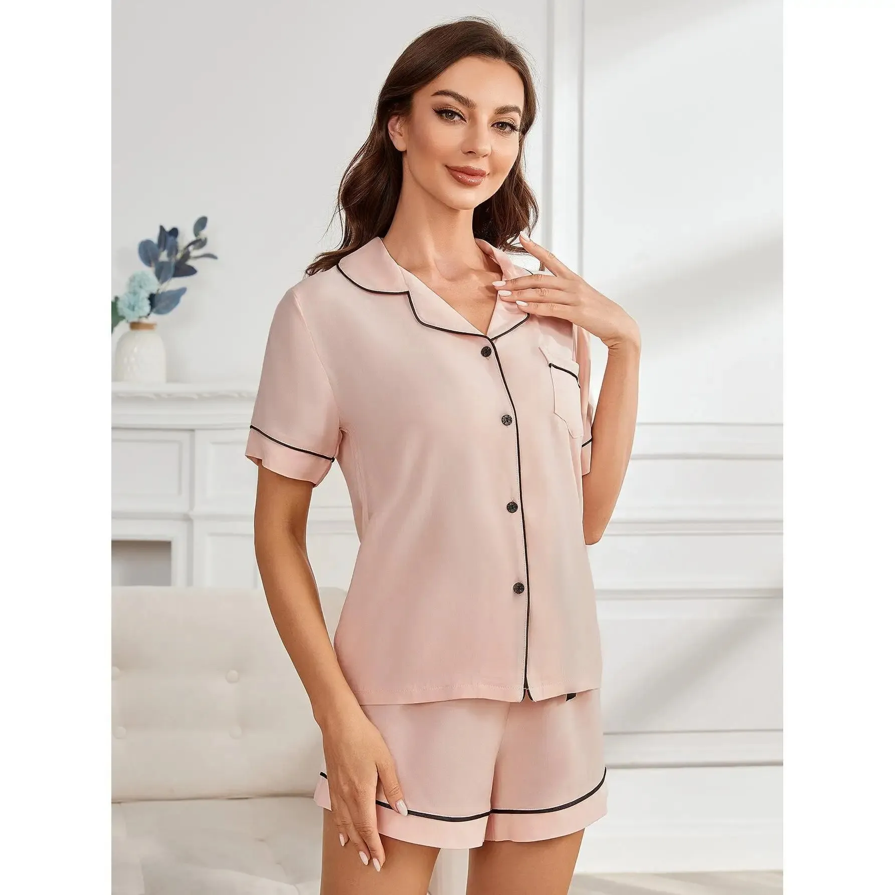 Piped Pajama Sets Shorts Women Set Pyjama Ensembles Crop Short Pj