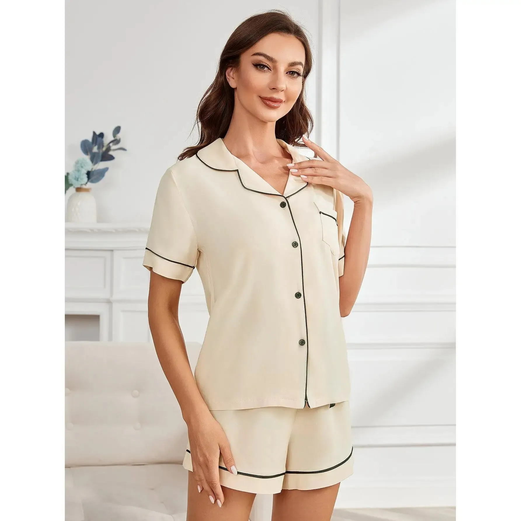 Piped Pajama Sets Shorts Women Set Pyjama Ensembles Crop Short Pj