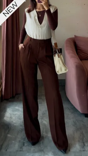 Pleated High Waist Trousers - Chocolate Brown