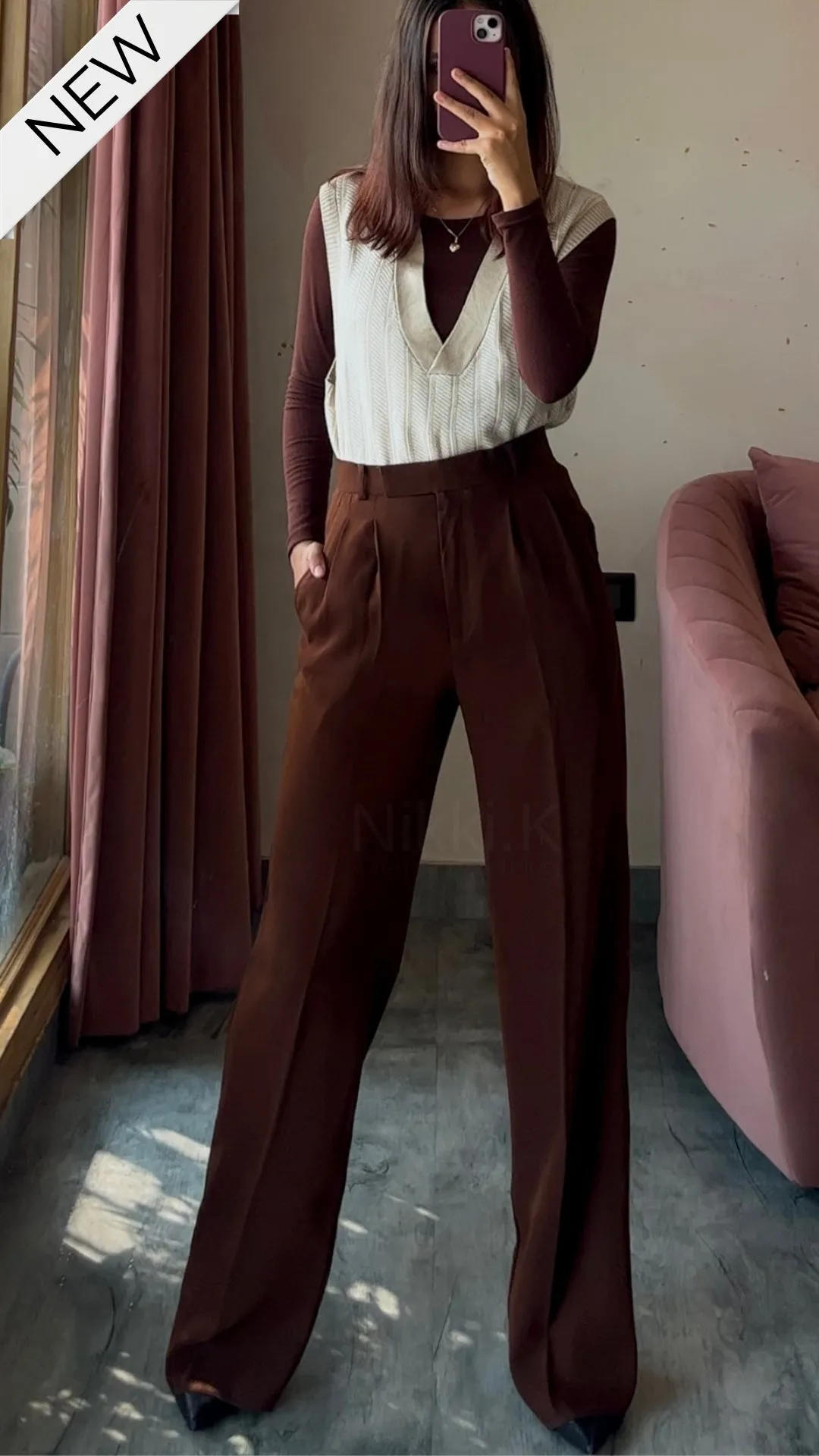 Pleated High Waist Trousers - Chocolate Brown