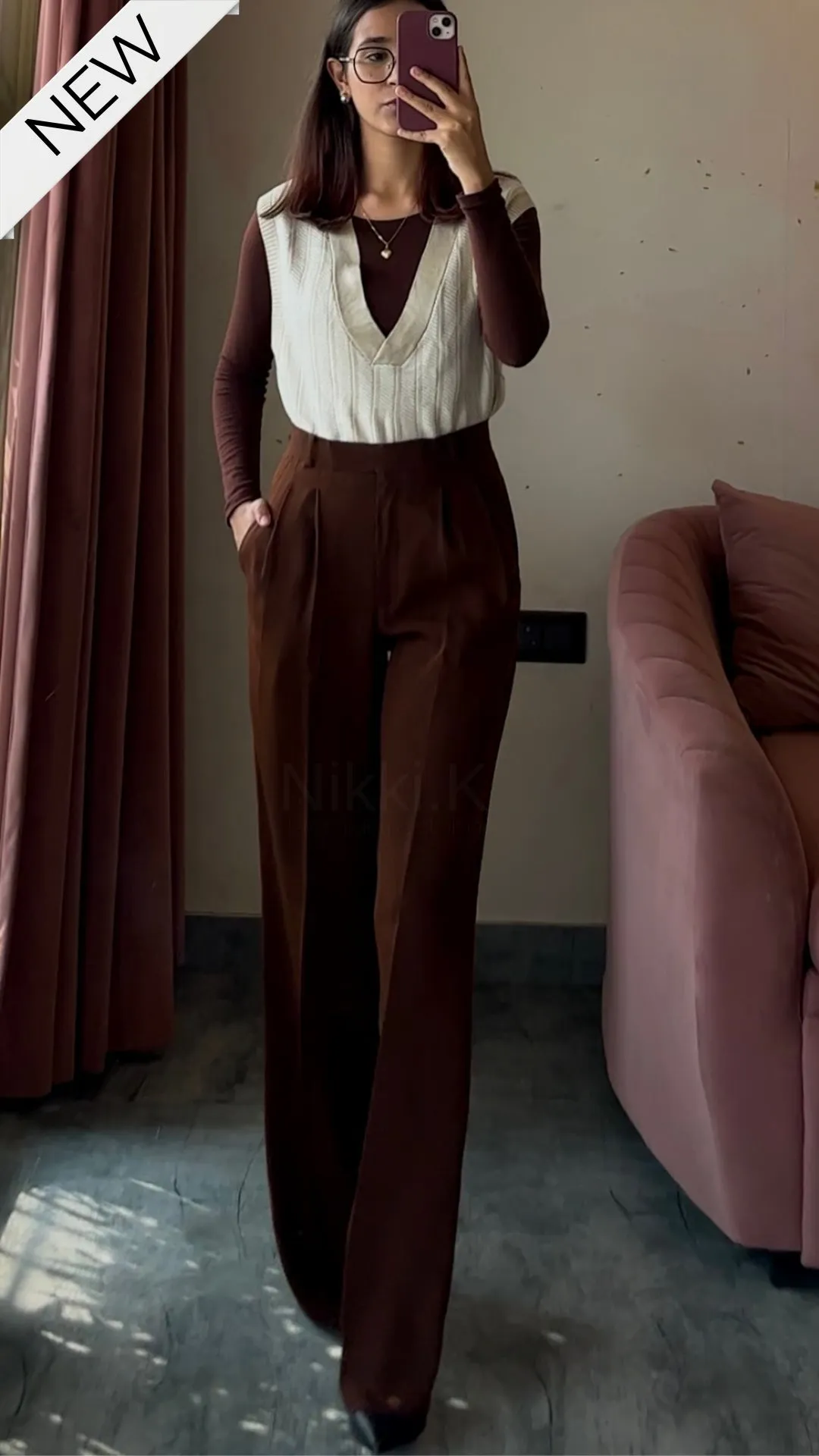 Pleated High Waist Trousers - Chocolate Brown
