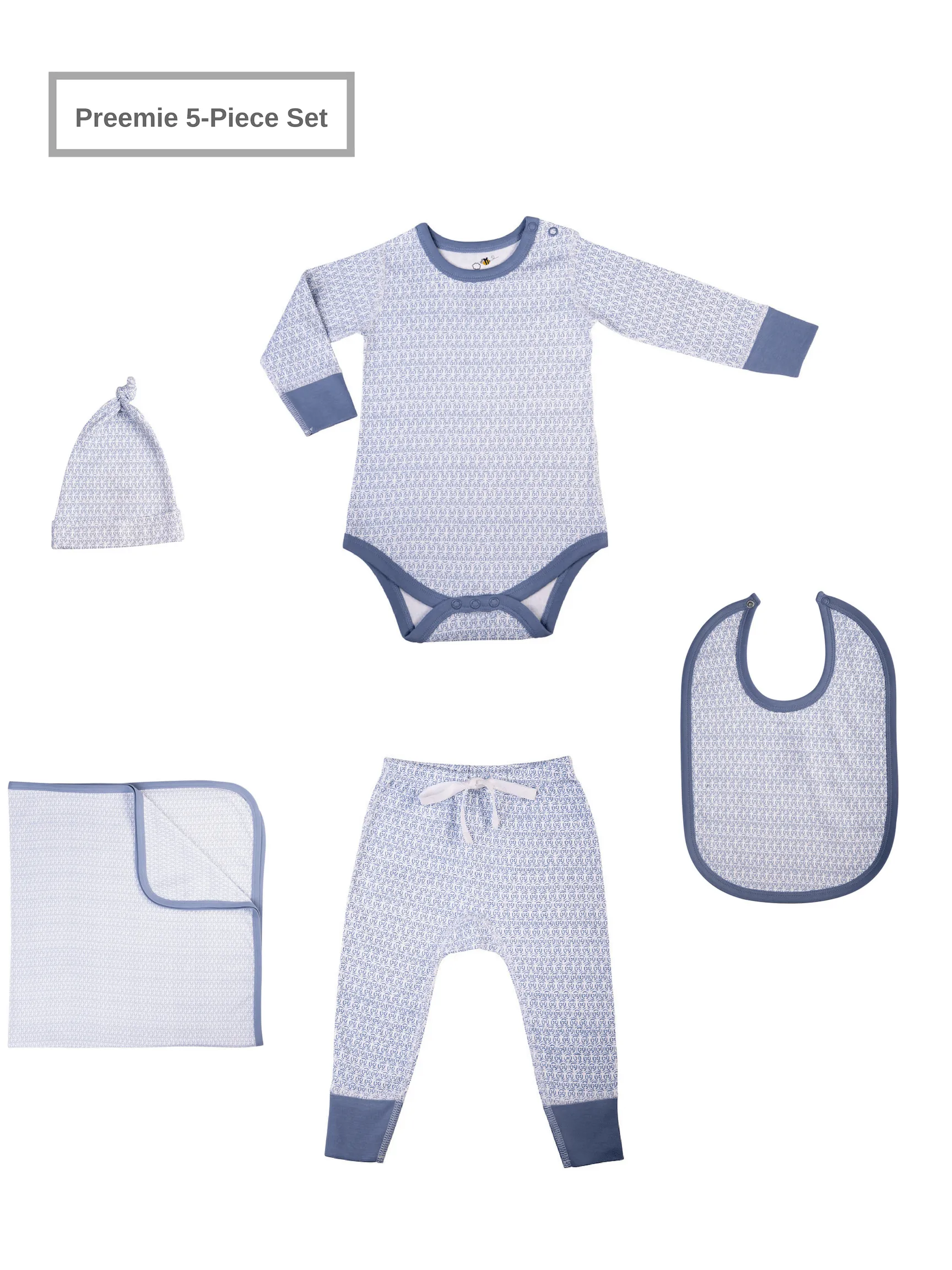 Preemie Baby Unisex Organic 5 Piece Set w/Long-Sleeve Bodysuit