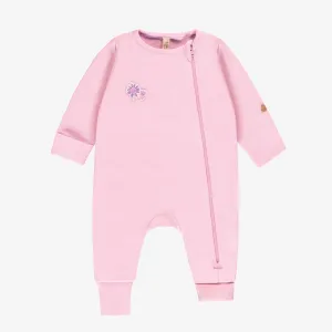 Pyjama à manches longues mauve et crème à rayures en coton biologique, naissance || Purple and cream one-piece long sleeved pajama with print, newborn