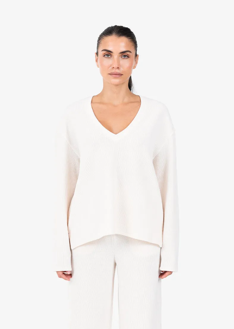 Rib Knit Lounge V-Neck LS Top Oatmeal FINAL SALE