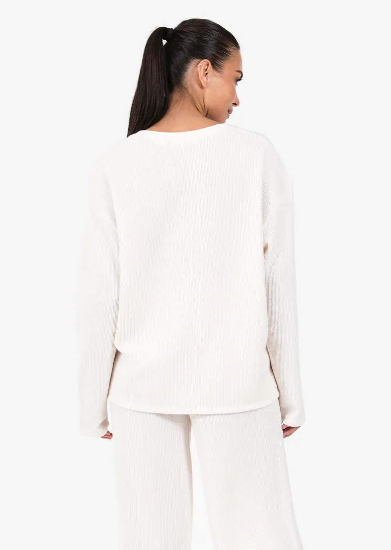 Rib Knit Lounge V-Neck LS Top Oatmeal FINAL SALE