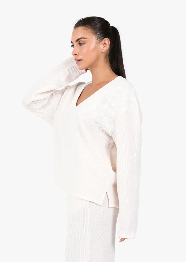 Rib Knit Lounge V-Neck LS Top Oatmeal FINAL SALE