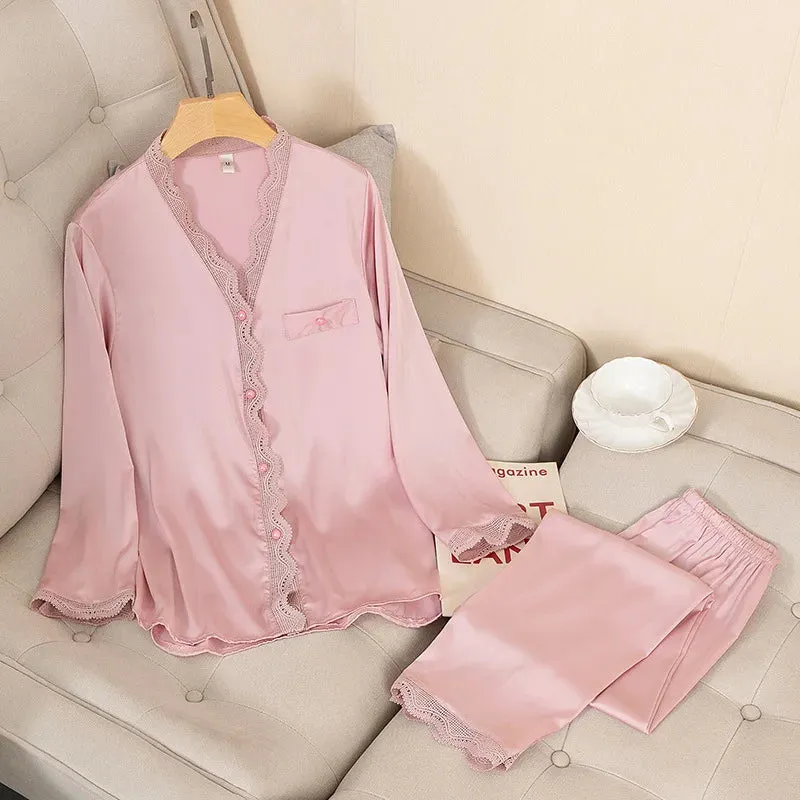 Satin Pajamas Set Sexy 2-Piece Sleepwear Silky Pajamas Loungewear Solid Nightwear