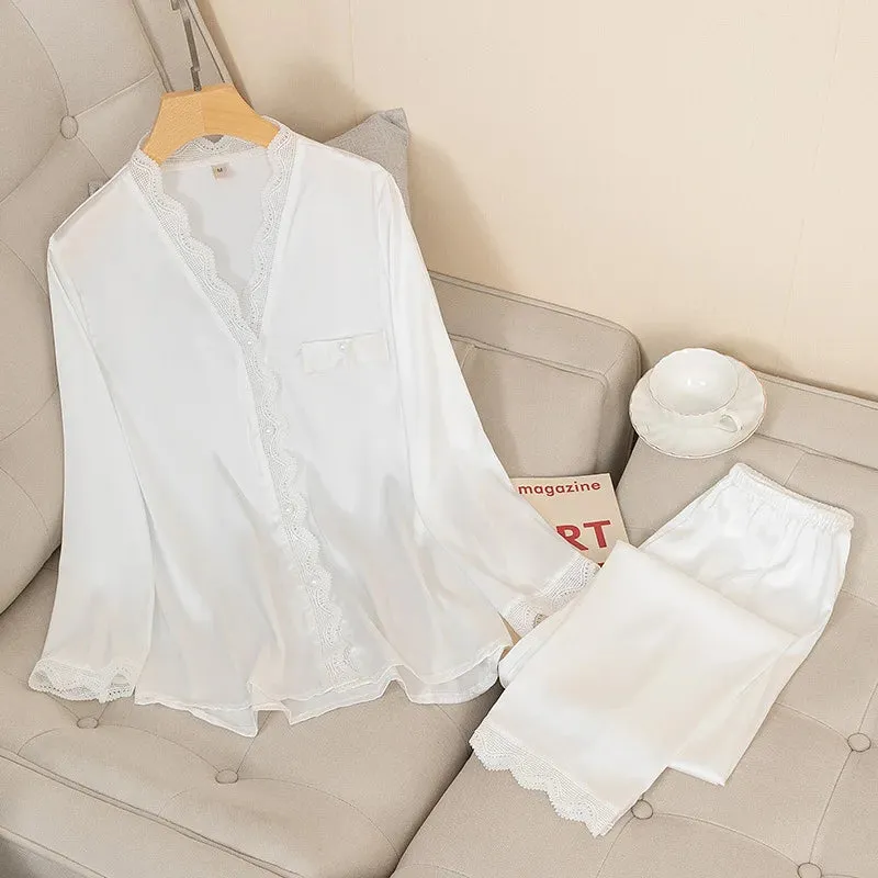 Satin Pajamas Set Sexy 2-Piece Sleepwear Silky Pajamas Loungewear Solid Nightwear
